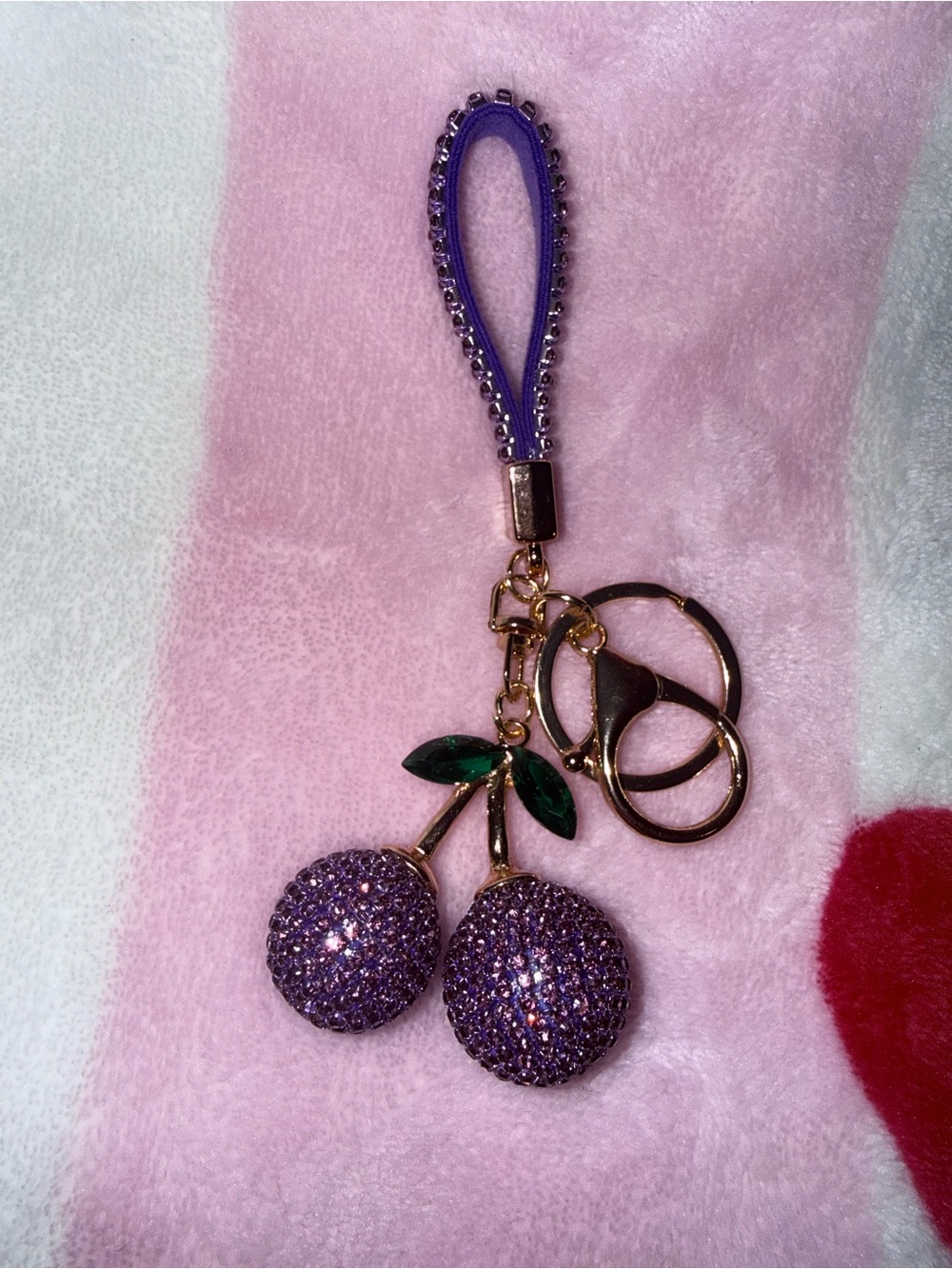 NWT Purple Crystal Cherry Keychain Wristlet